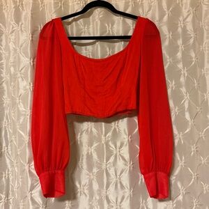 Urban Outfitters Red Corset Style Sheer Puff Long Sleeve Crop Top UO Smocked